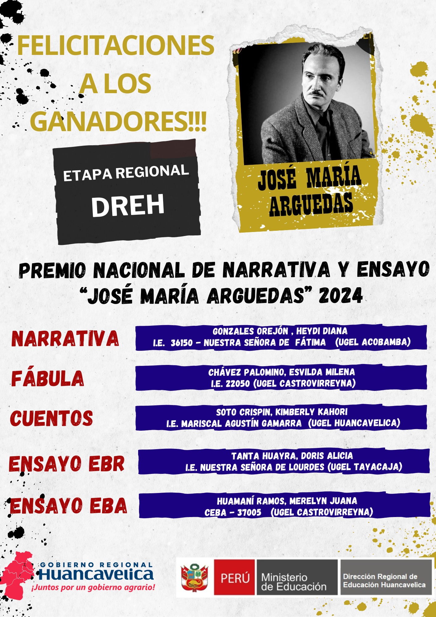A nombre de la Dirección de la UGEL Tayacaja, expresarles las más sinceras felicitaciones por la destacada participación en el Premio Nacional "José María Arguedas". Una vez más queda demostrado un profundo compromiso con la cultura y la literatura, siguiendo los pasos de un autor que dedicó su vida a revalorar y promover nuestra querida cultura andina.
José María Arguedas fue más que un escritor; fue un defensor apasionado de nuestras raíces, de la riqueza cultural de los pueblos andinos. Al participar en este concurso, ustedes han contribuido a mantener viva esa herencia invaluable, fortaleciendo nuestra identidad y celebrando la diversidad que nos define.
Nos llena de orgullo ver cómo, a través de su esfuerzo y dedicación, se convierten en embajadores de nuestra cultura, llevando con ustedes el legado de Arguedas a nuevas generaciones.
Sigan adelante con el mismo entusiasmo y amor por nuestra tierra, porque en ustedes está el futuro de nuestra cultura y de nuestra nación.
Con admiración y aprecio,
UGEL TAYACAJA