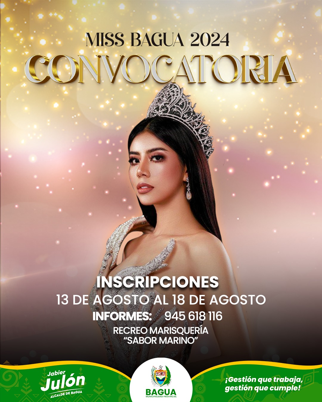 Información de la convocatoria de reinado Miss Bagua 2024.