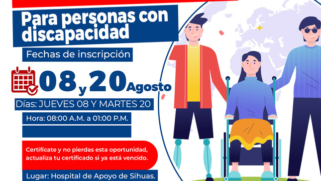💠CERTIFICACIÓN PARA PERSONAS CON DISCAPACIDAD📣
La Oficina Municipal de Atención a Personas con Discapacidad (Omaped) en coordinación con el Hospital de Apoyo Sihuas (HAS), comunican a la población que, este 08 y 20 de agosto del 2024, se realizará la certificación para personas con discapacidad, en las instalaciones del nosocomio provincial.
¡Si aún no te certificaste o necesitas actualizar, no te pierdas de esta gran oportunidad!
☎️Para mayor información puedes comunicarte al 939544023.
