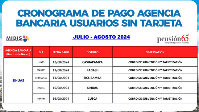 📣❗️❗️𝗔𝗩𝗜𝗦𝗢 𝗜𝗠𝗣𝗢𝗥𝗧𝗔𝗡𝗧𝗘❗️❗️📢🚨
Se comunica a los usuarios de PENSIÓN 65 de la provincia de Sihuas, que éstas son las fechas programadas para el cobro de sus pensiones. 
💠𝗟𝗢𝗦 𝗨𝗦𝗨𝗔𝗥𝗜𝗢𝗦 𝗤𝗨𝗘 𝗬𝗔 𝗖𝗨𝗘𝗡𝗧𝗔𝗡 𝗖𝗢𝗡 𝗧𝗔𝗥𝗝𝗘𝗧𝗔 𝗗𝗘 𝗗𝗘́𝗕𝗜𝗧𝗢, 𝗗𝗘𝗕𝗘𝗥𝗔́𝗡 𝗗𝗘 𝗖𝗢𝗕𝗥𝗔𝗥 𝗘𝗡 𝗟𝗢𝗦 𝗔𝗚𝗘𝗡𝗧𝗘𝗦 𝗦𝗨𝗖𝗨𝗥𝗦𝗔𝗟𝗘𝗦 𝗗𝗘𝗟 𝗕𝗔𝗡𝗖𝗢 𝗗𝗘 𝗟𝗔 𝗡𝗔𝗖𝗜𝗢́𝗡 𝗗𝗘 𝗦𝗨 𝗣𝗥𝗢𝗣𝗜𝗢 𝗗𝗜𝗦𝗧𝗥𝗜𝗧𝗢 𝗢 𝗔𝗚𝗘𝗡𝗧𝗘𝗦 𝗠𝗔́𝗦 𝗖𝗘𝗥𝗖𝗔𝗡𝗢𝗦 𝗔 𝗦𝗨 𝗗𝗢𝗠𝗜𝗖𝗜𝗟𝗜𝗢.
📣Además, si aún no cuentas con tu tarjeta de Débito puedes acercarte a la oficina de Sisfoh para recibir mayor información.
