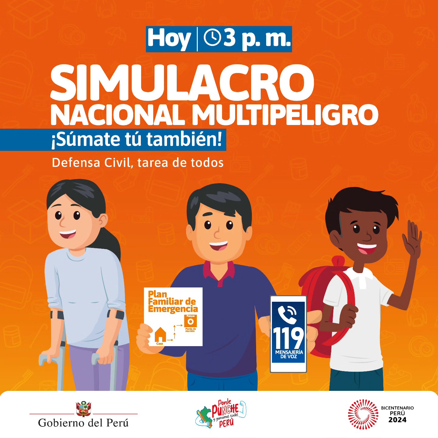 📢 ¡Participa en el #Simulacro Nacional 2024, hoy a las 3 p. m. 💪!
🚨Inicia con el sonido de alarmas.
📍Ubícate en las zonas seguras.
🗣Evacúa y sigue las indicaciones de las autoridades.
🎒Recuerda tener lista tu mochila para emergencias.