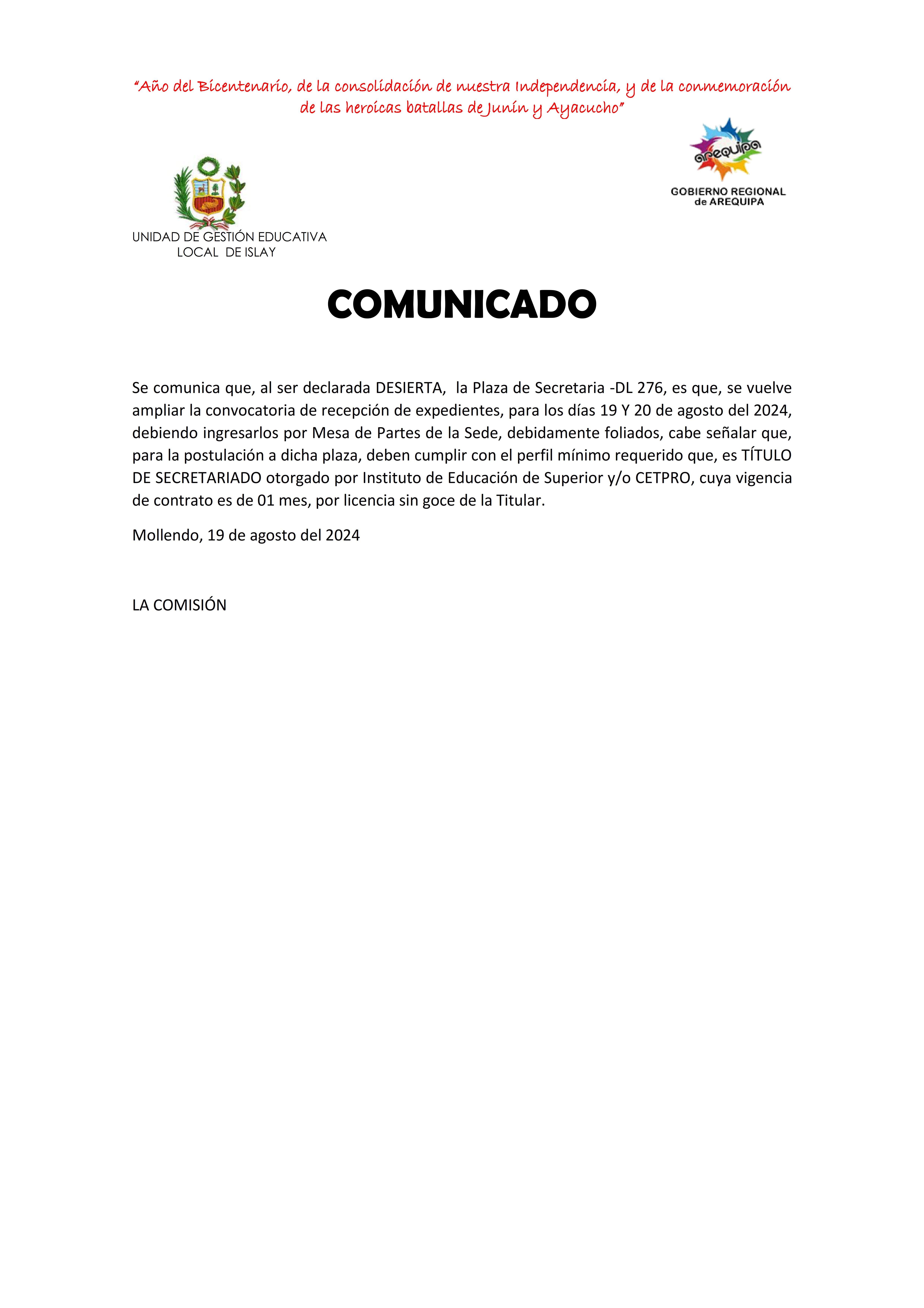 Comunicado - Ampliación de recepción de expedientes de la Convocatoria Nº 006-2024 D. Leg. 276