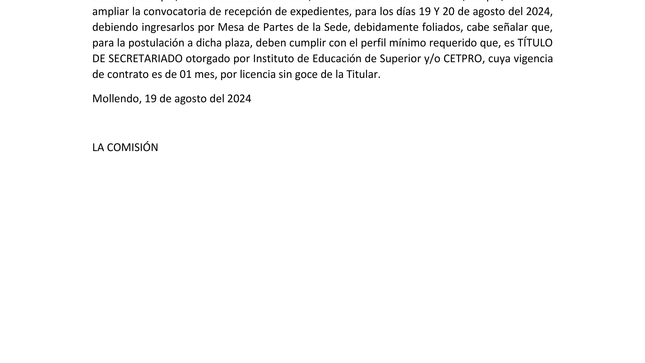 Comunicado - Ampliación de recepción de expedientes de la Convocatoria Nº 006-2024 D. Leg. 276