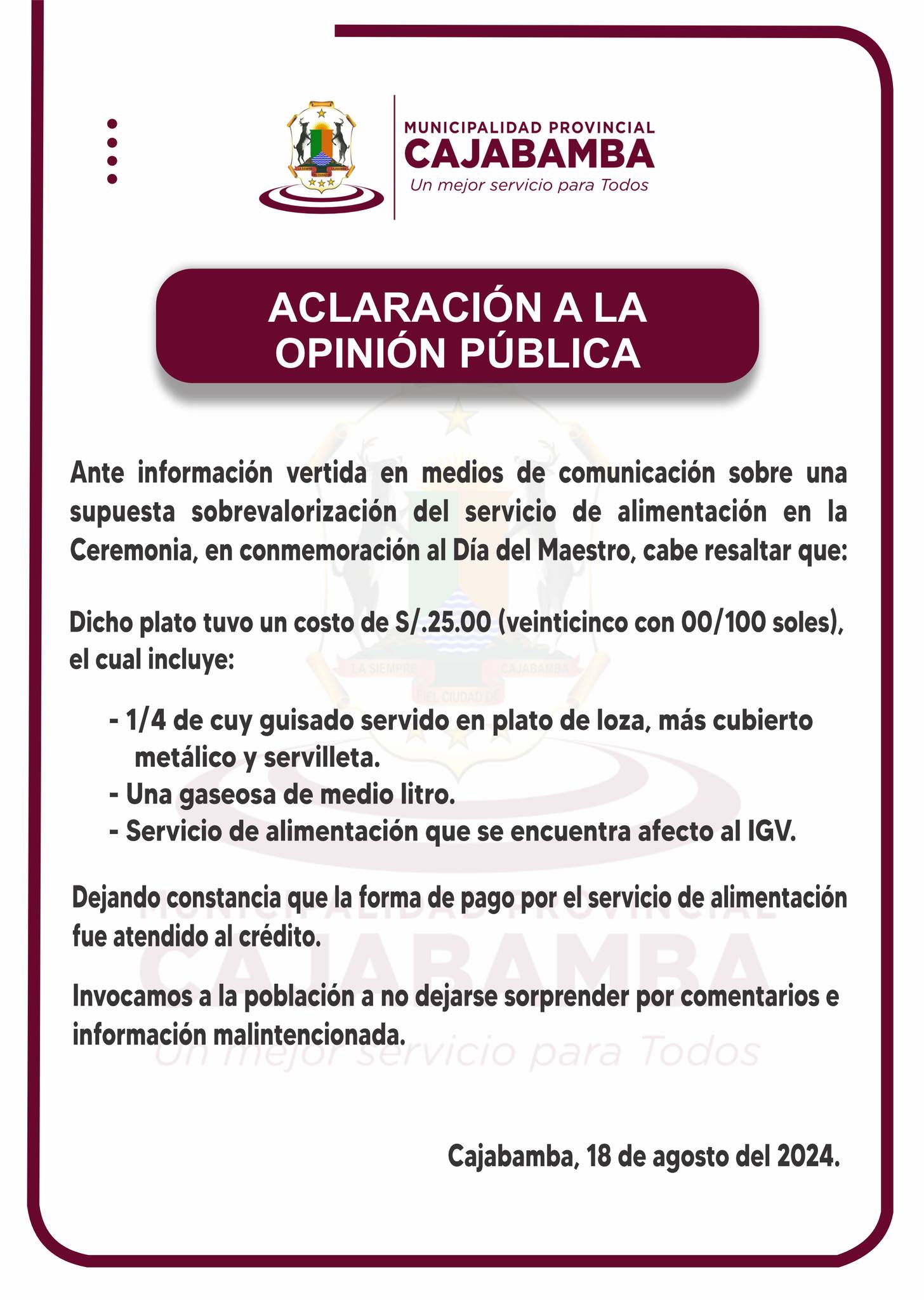 Aclaración a la opinión pública