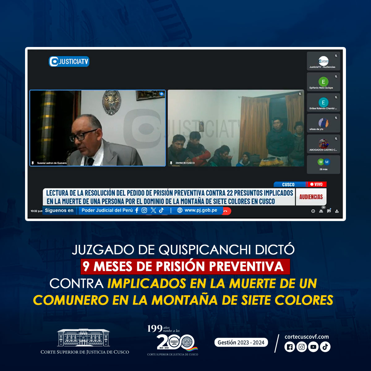 Juzgado de Quispicanchi dictó prisión preventiva contra implicados en la muerte de un comunero en la montaña de siete colores