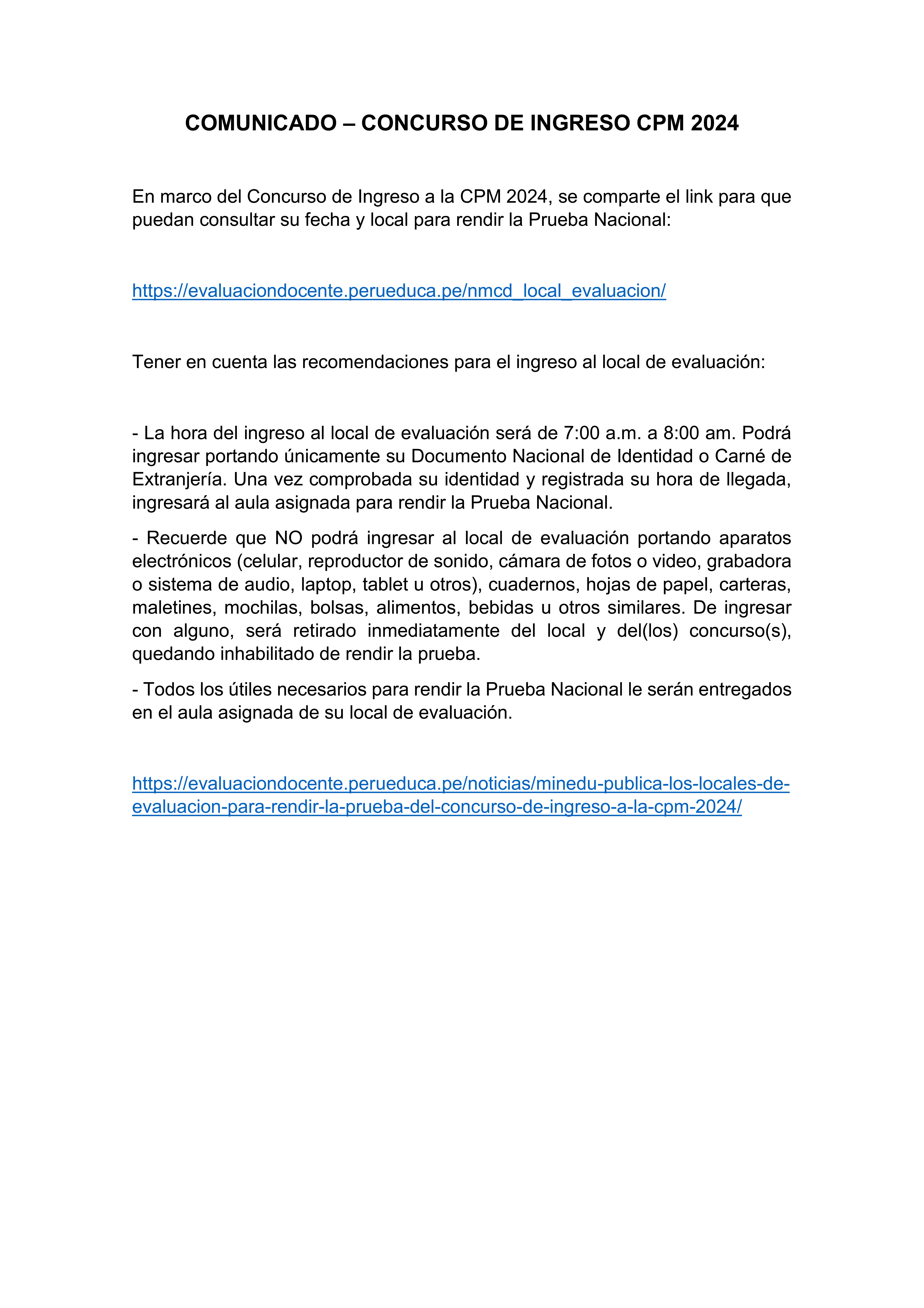 Comunicado Concurso de Ingreso a la CPM 2024