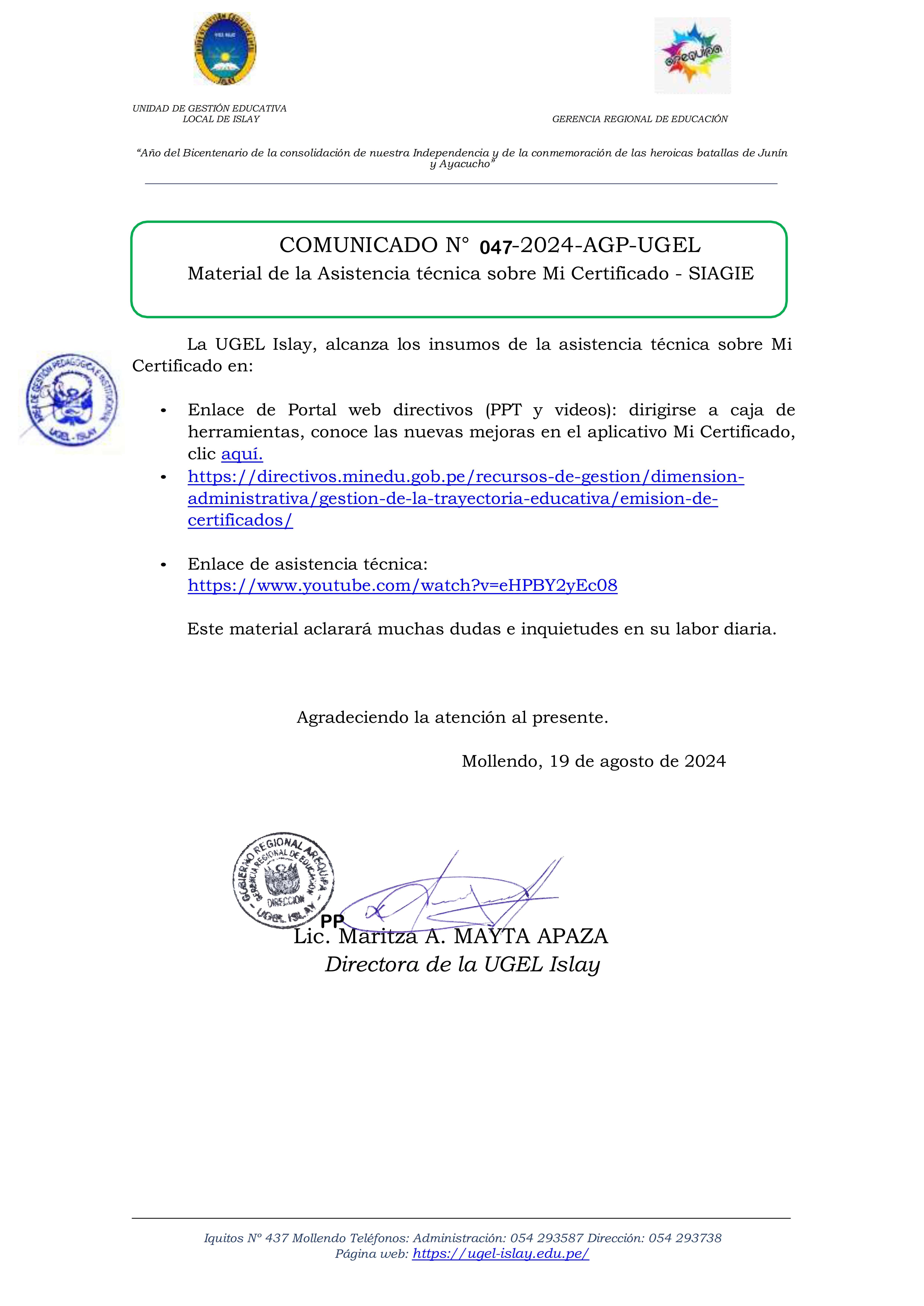 Comunicado N° 047-2024-AGP-UGEL
