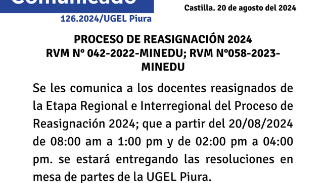 PROCESO DE REASIGNACIÓN 2024 RVM N°042-2022-MINEDU; RVM N°058-2023-MINEDU