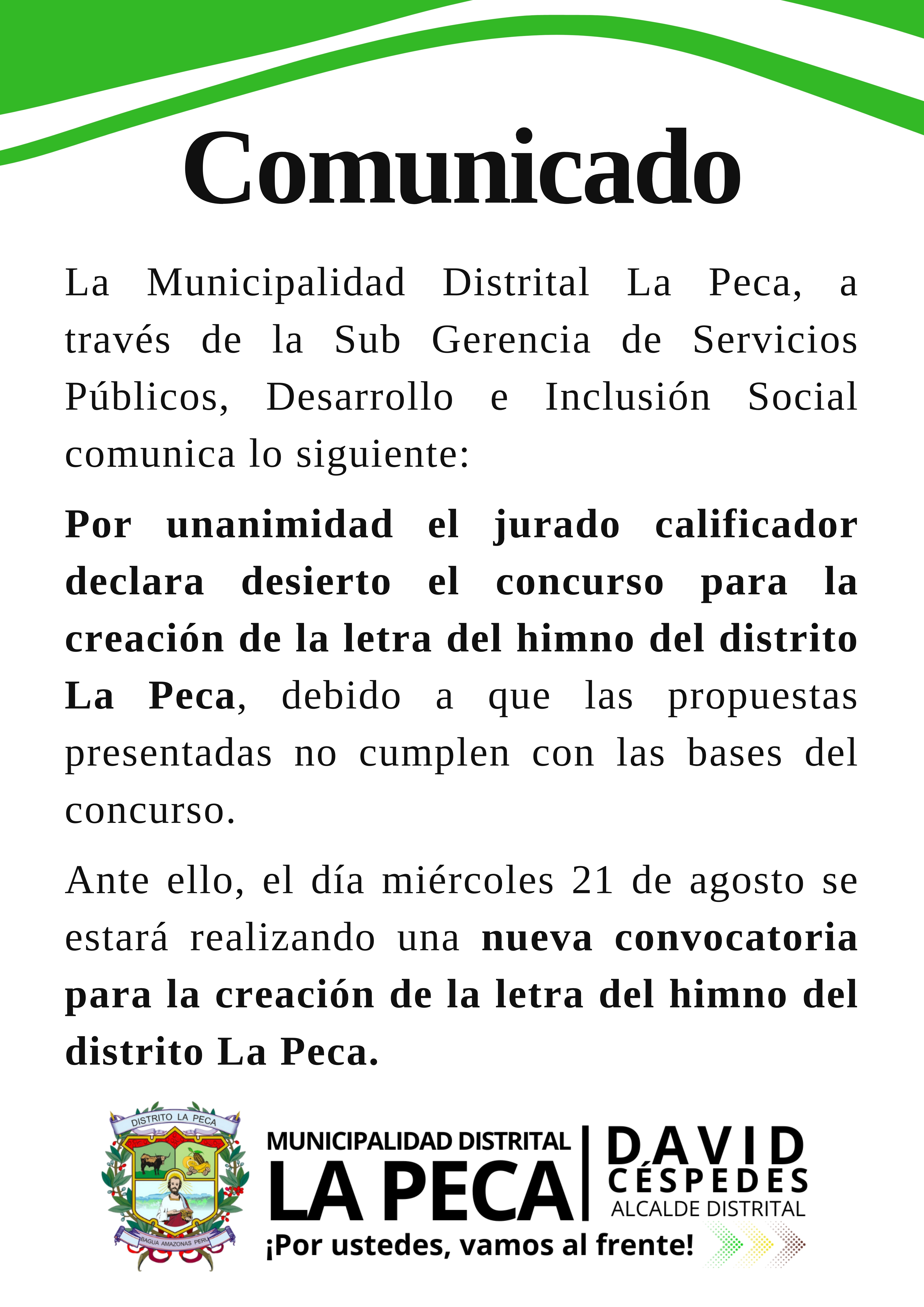 RESULTADOS DEL CONCURSO PARA LA CREACIÓN DE LA LETRA DEL HIMNO AL DISTRITO LA PECA - I CONVOCATORIA