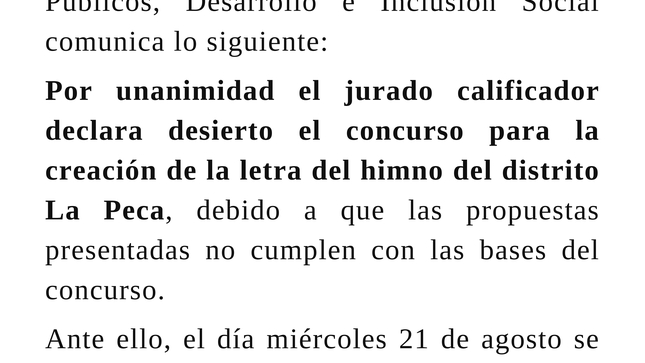 RESULTADOS DEL CONCURSO PARA LA CREACIÓN DE LA LETRA DEL HIMNO AL DISTRITO LA PECA - I CONVOCATORIA