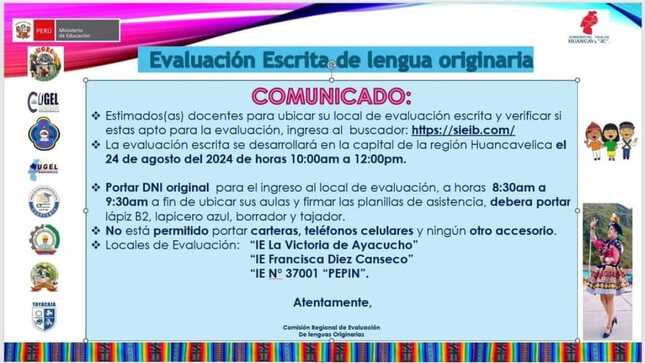 Sede y local para la Evaluación Escrita en Lengua Originaria.