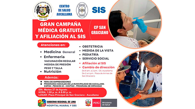 Gran campaña médica, afiliación al SIS y feria informativa y de emprendedores en San Graciano - Aucallama
