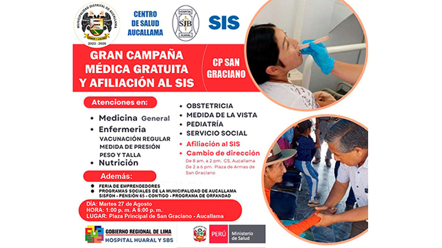 Gran campaña médica, afiliación al SIS y feria informativa y de emprendedores en San Graciano - Aucallama