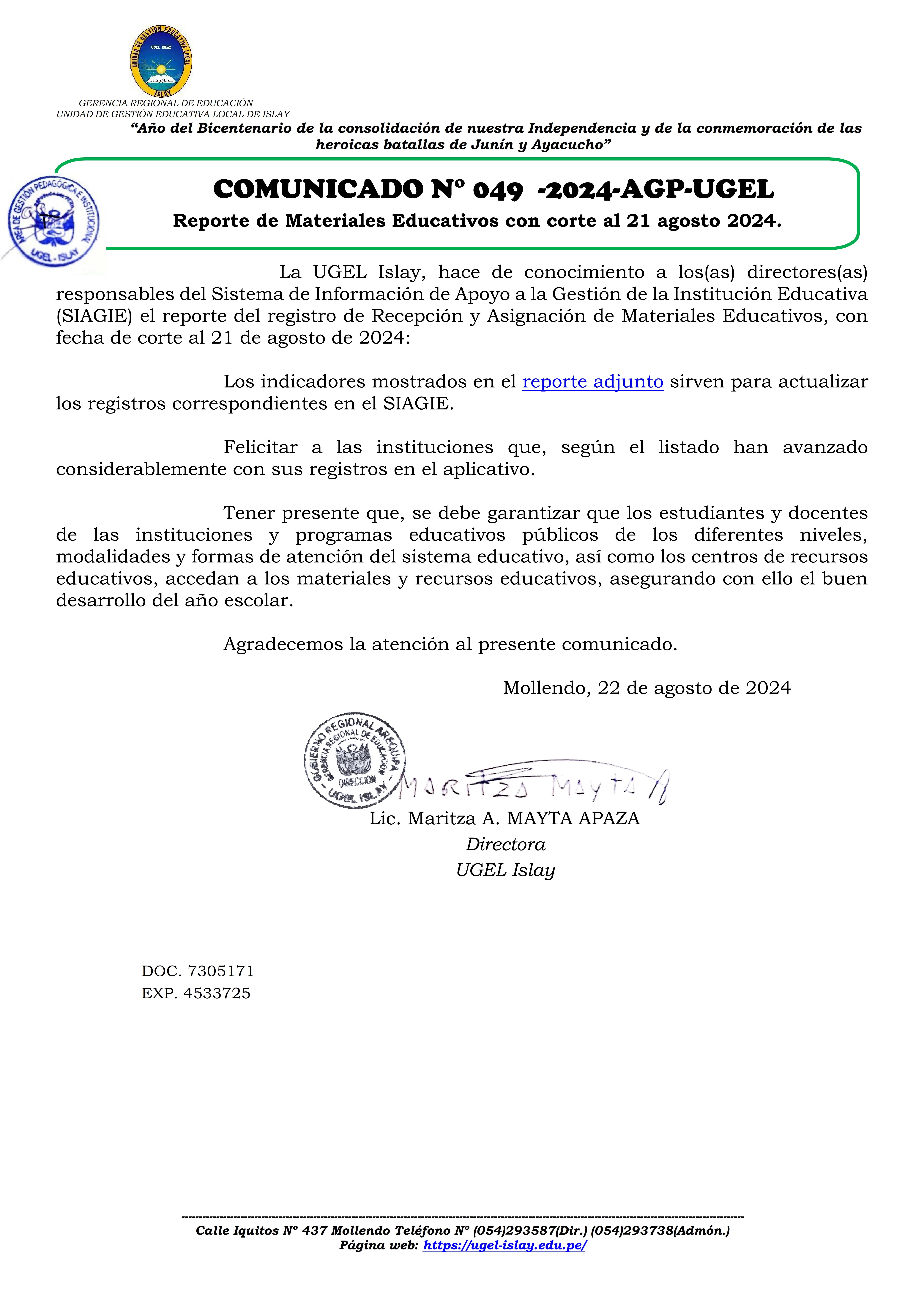 Comunicado N° 049-2024-AGP-UGEL