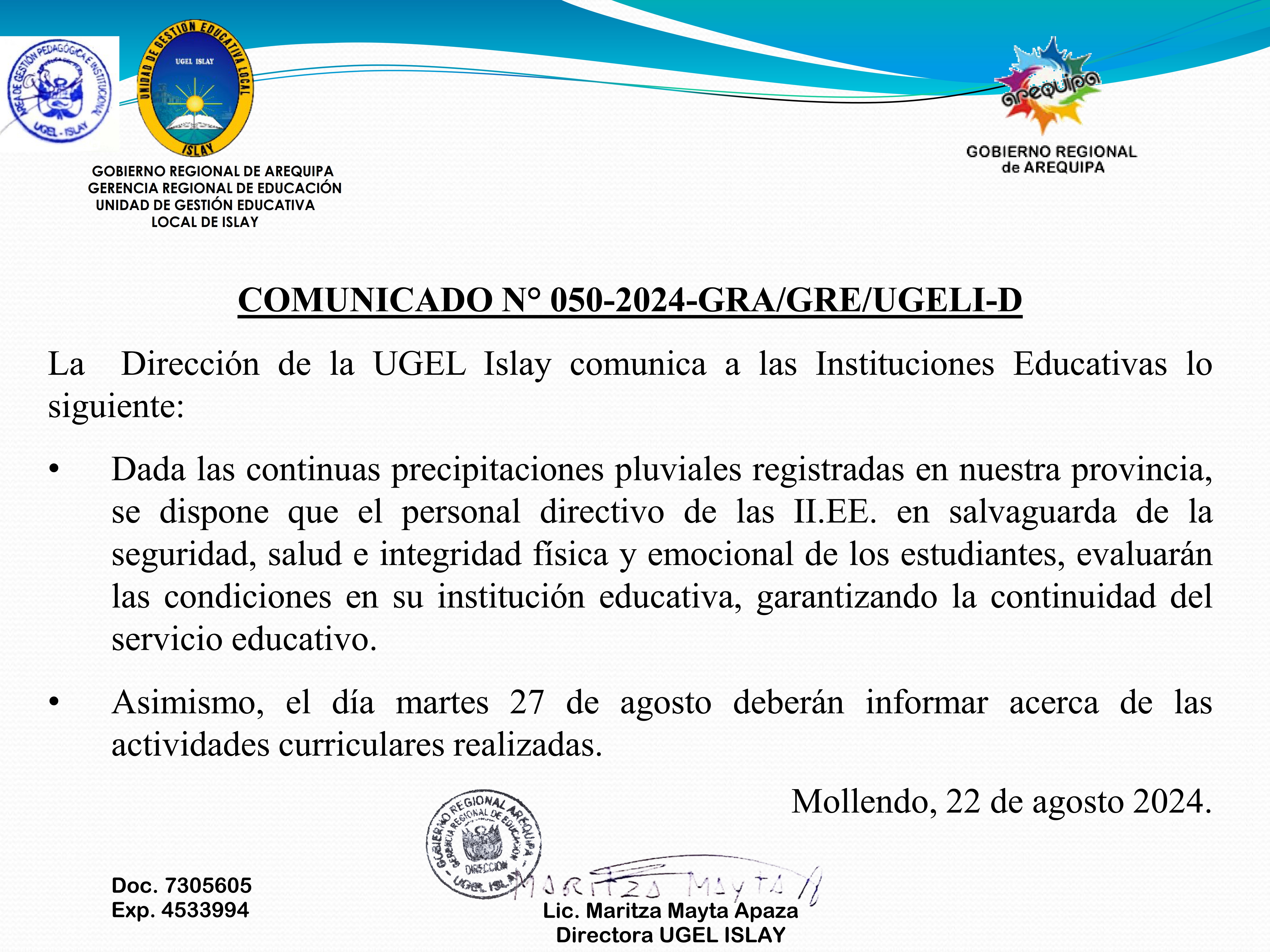 Comunicado N° 050-2024-GRA/GRE/UGELI-D