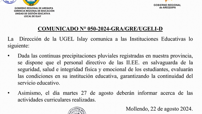 Comunicado N° 050-2024-GRA/GRE/UGELI-D