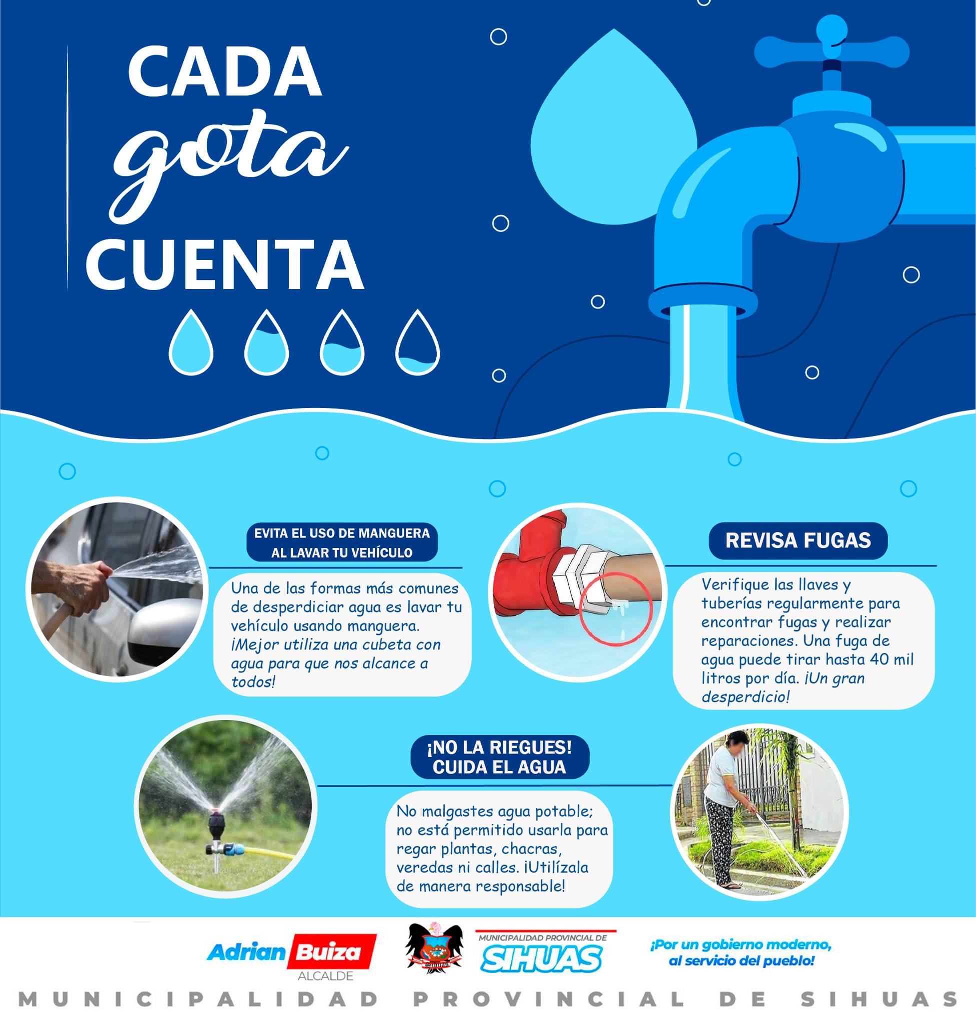 💠CADA GOTA CUENTA 💧💦
El agua es esencial para la vida, y cada uno de nosotros tiene un papel crucial en su conservación. 📣De acuerdo con la Ordenanza Municipal Nº004-2024-MPS, se aplicarán cortes y sanciones por el uso inadecuado del agua🚫, que incluye el riego de plantas, chacras, veredas y calles, así como el lavado de vehículos.
¡Hagamos nuestra parte para conservar este recurso vital! Juntos, con responsabilidad y cuidado, podemos asegurar un futuro donde el agua esté siempre disponible para todos.