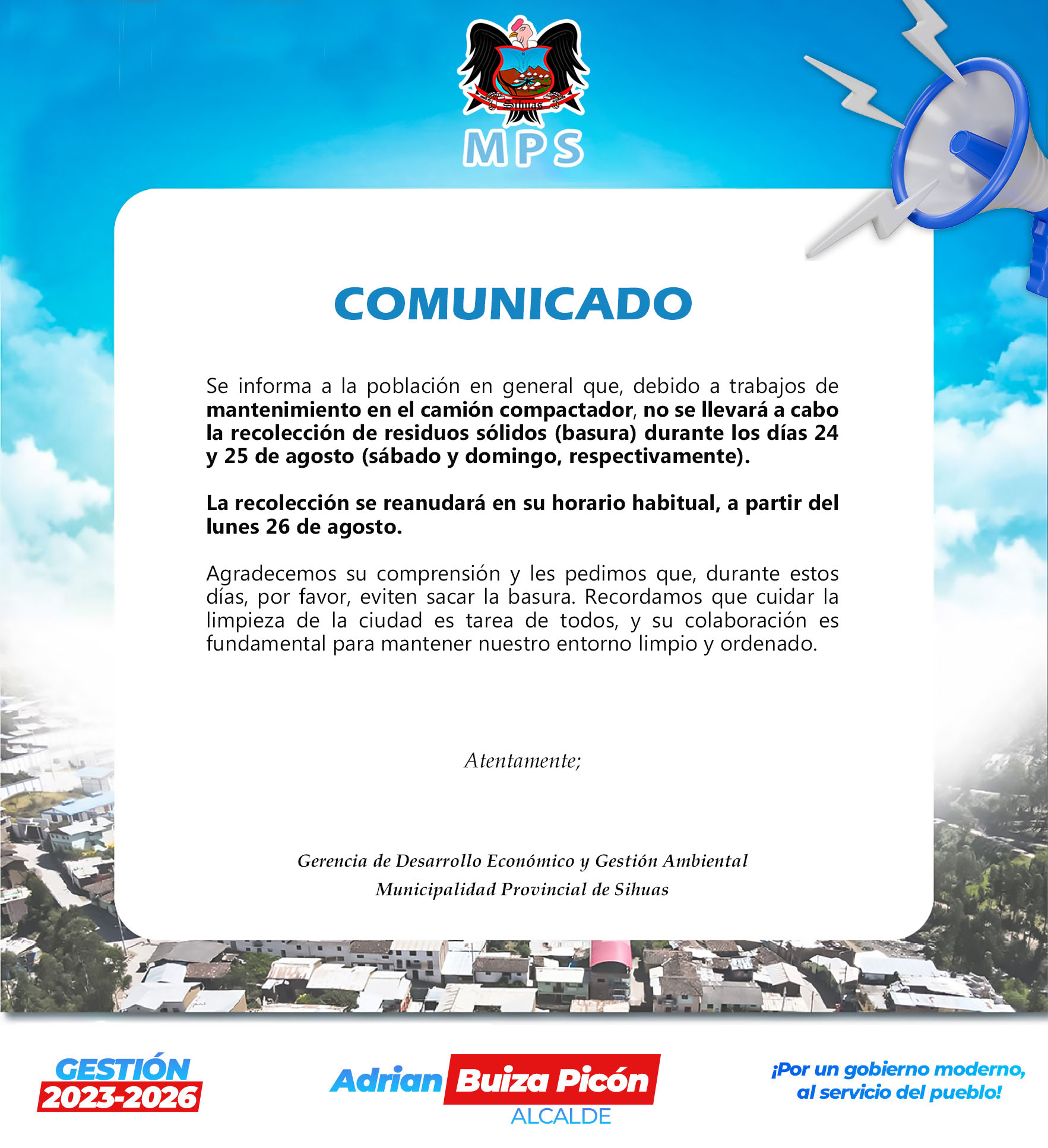 📣‼️C O M U N I C A D O‼️
💠 Recuerda, cuidar la limpieza de la ciudad es tarea de todos, y su colaboración es fundamental para mantener nuestro entorno limpio y ordenado.