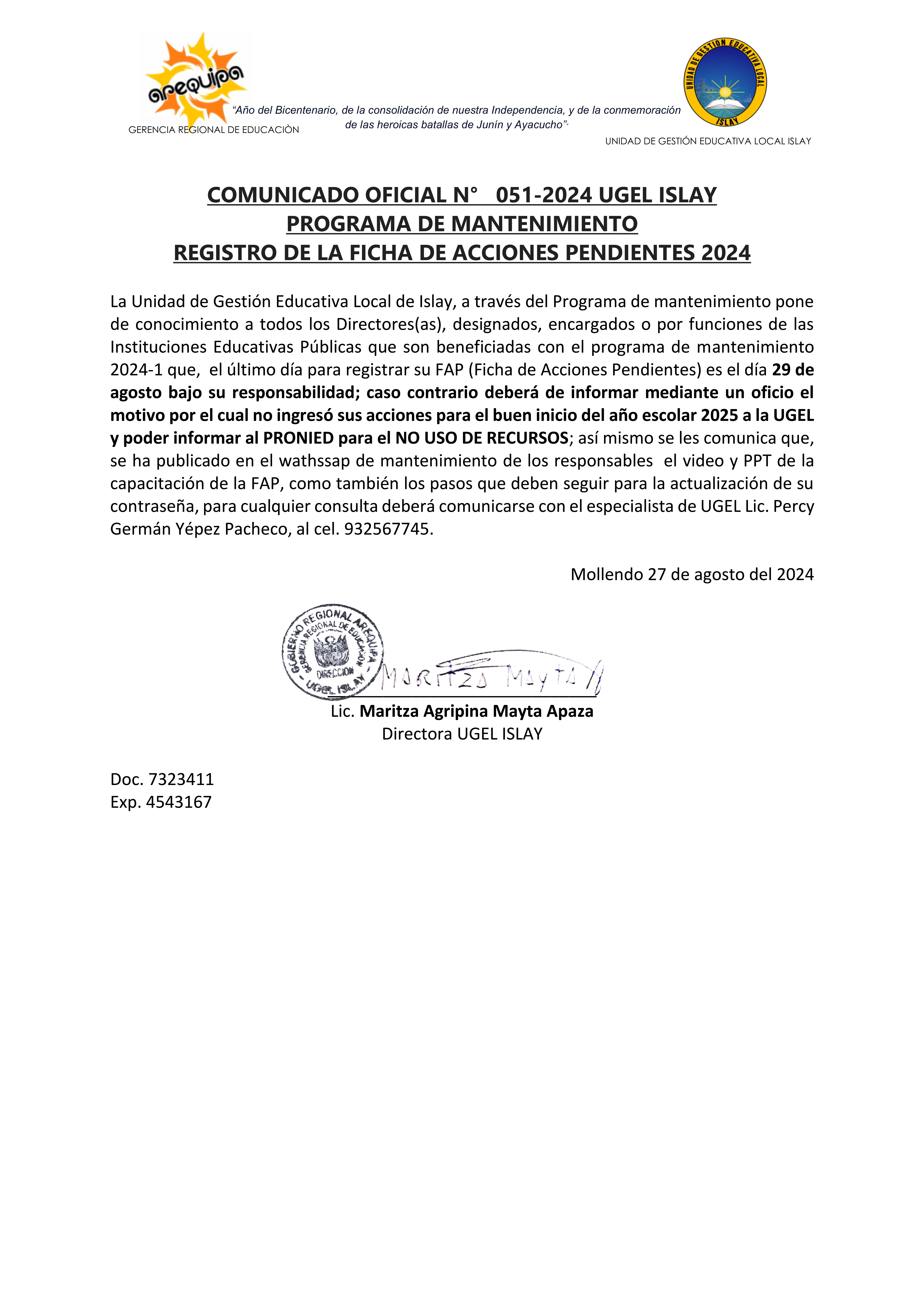 Comunicado Oficial N° 051-2024 UGEL ISLAY