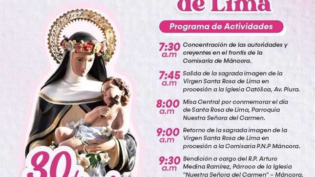 Programa de actividades por el día de Santa Rosa de Lima