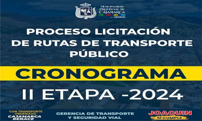 🏛La Municipalidad Provincial de Cajamarca, a través de la Gerencia de Transporte y Seguridad Vial, informa a la población sobre el cronograma correspondiente a la segunda etapa de la licitación pública especial para la "Concesión de las rutas del servicio de transporte público regular de personas, según el plan regulador de rutas de transporte 2024". 
🚎Esta licitación tiene el objetivo de cubrir las rutas desabastecidas, asegurando así que la ciudadanía disponga de un servicio de transporte público regular.
📑Los interesados en presentar sus ofertas deberán hacerlo de acuerdo con las bases de licitación y el cronograma establecido