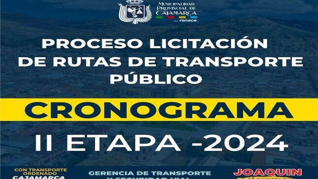 🏛La Municipalidad Provincial de Cajamarca, a través de la Gerencia de Transporte y Seguridad Vial, informa a la población sobre el cronograma correspondiente a la segunda etapa de la licitación pública especial para la "Concesión de las rutas del servicio de transporte público regular de personas, según el plan regulador de rutas de transporte 2024". 
🚎Esta licitación tiene el objetivo de cubrir las rutas desabastecidas, asegurando así que la ciudadanía disponga de un servicio de transporte público regular.
📑Los interesados en presentar sus ofertas deberán hacerlo de acuerdo con las bases de licitación y el cronograma establecido