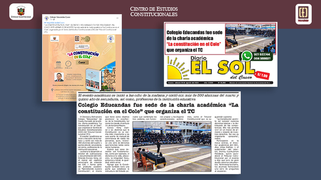 Con noticia en portada, diario El Sol del Cusco difundió charla académica del CEC del TC “La constitución en el Cole”