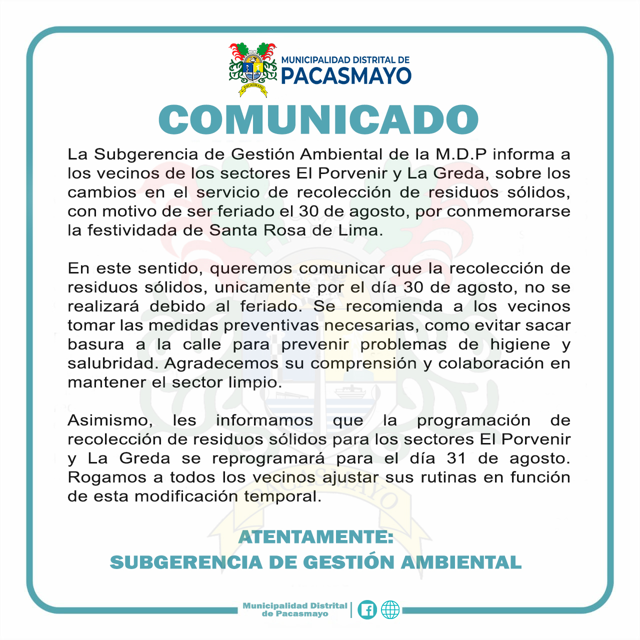 Comunicado sobre recojo de residuos s贸lidos