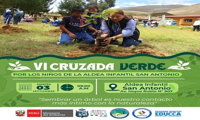 🌳 La Gerencia de Desarrollo Ambiental de la Municipalidad Provincial de Cajamarca está llevando a cabo la VI Cruzada Verde en la Aldea Infantil San Antonio.
☘️ En este evento, se plantarán diversas especies de árboles. Los niños tendrán la oportunidad única de participar en esta experiencia inolvidable de sembrar un árbol.
🌱️ Esta iniciativa busca promover la conciencia ambiental y la importancia de la reforestación en la provincia.
📅 𝐌𝐚𝐫𝐭𝐞𝐬 𝟑 𝐝𝐞 𝐬𝐞𝐩𝐭𝐢𝐞𝐦𝐛𝐫𝐞
🕘 𝟗:𝟎𝟎 𝐚‧𝐦‧
📌𝐀𝐥𝐝𝐞𝐚 𝐈𝐧𝐟𝐚𝐧𝐭𝐢𝐥 𝐒𝐚𝐧 𝐀𝐧𝐭𝐨𝐧𝐢𝐨 / 𝐀𝐯‧ 𝐇𝐨𝐲𝐨𝐬 𝐑𝐮𝐛𝐢𝐨 𝟗𝟎𝟕