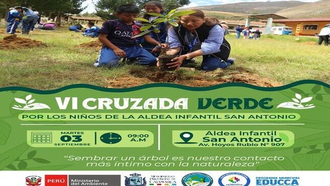 🌳 La Gerencia de Desarrollo Ambiental de la Municipalidad Provincial de Cajamarca está llevando a cabo la VI Cruzada Verde en la Aldea Infantil San Antonio.
☘️ En este evento, se plantarán diversas especies de árboles. Los niños tendrán la oportunidad única de participar en esta experiencia inolvidable de sembrar un árbol.
🌱️ Esta iniciativa busca promover la conciencia ambiental y la importancia de la reforestación en la provincia.
📅 𝐌𝐚𝐫𝐭𝐞𝐬 𝟑 𝐝𝐞 𝐬𝐞𝐩𝐭𝐢𝐞𝐦𝐛𝐫𝐞
🕘 𝟗:𝟎𝟎 𝐚‧𝐦‧
📌𝐀𝐥𝐝𝐞𝐚 𝐈𝐧𝐟𝐚𝐧𝐭𝐢𝐥 𝐒𝐚𝐧 𝐀𝐧𝐭𝐨𝐧𝐢𝐨 / 𝐀𝐯‧ 𝐇𝐨𝐲𝐨𝐬 𝐑𝐮𝐛𝐢𝐨 𝟗𝟎𝟕