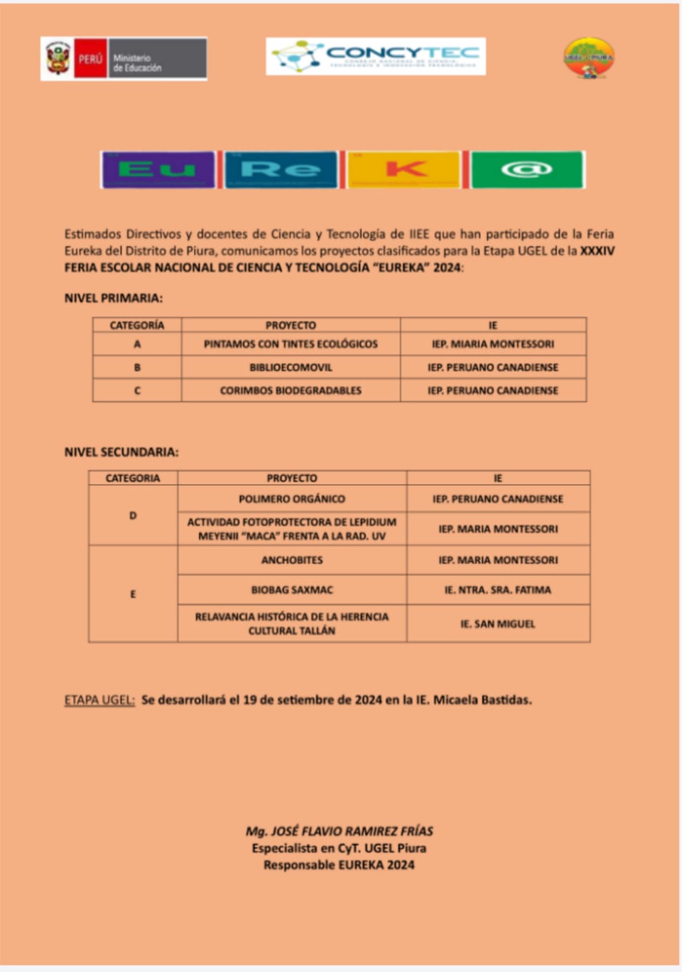 Resultados de la XXXIV Feria Escolar Nacional de Ciencia y Tecnología “EUREKA” 2024 – Etapa UGEL – Distrito de Piura