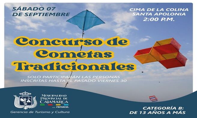 📅 Fecha: Sábado 07 de septiembre 🕑 Hora: Desde las 2:00 p.m. 📍 Lugar: Colina Santa Apolonia
🌟 Categoría B (13 años a más) 🌟
🚨 Importante: Solo participarán los inscritos hasta el viernes 30 de agosto.
¡No te lo pierdas! 🌬️✨