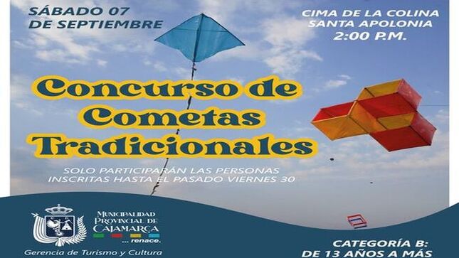 📅 Fecha: Sábado 07 de septiembre 🕑 Hora: Desde las 2:00 p.m. 📍 Lugar: Colina Santa Apolonia
🌟 Categoría B (13 años a más) 🌟
🚨 Importante: Solo participarán los inscritos hasta el viernes 30 de agosto.
¡No te lo pierdas! 🌬️✨ 