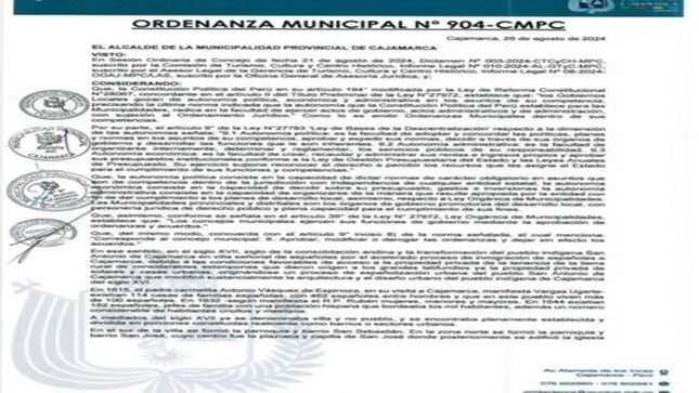 📢Ordenanza Municipal sobre nombramiento al centro histórico de Cajamarca como "San Antonio de Cajamarca - La Grande del Perú" señala la importancia de reconocer a la zona monumental de Cajamarca como símbolo de unidad nacional y latinoamericana en conformidad con la ley Nº 23494.