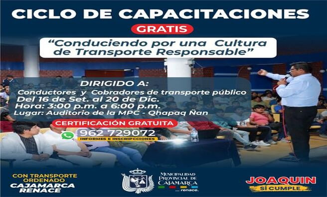 🚗 La Municipalidad de Cajamarca, a través de la Gerencia de Transporte y Seguridad Vial, ha diseñado un programa de capacitación gratuita dirigido a conductores y cobradores del transporte público con el objetivo de elevar los estándares de calidad y seguridad en este servicio de transporte.
🗓️ El ciclo de capacitaciones, titulado ❞𝑪𝒐𝒏𝒅𝒖𝒄𝒊𝒆𝒏𝒅𝒐 𝒑𝒐𝒓 𝒖𝒏𝒂 𝑪𝒖𝒍𝒕𝒖𝒓𝒂 𝒅𝒆 𝑻𝒓𝒂𝒏𝒔𝒑𝒐𝒓𝒕𝒆 𝑹𝒆𝒔𝒑𝒐𝒏𝒔𝒂𝒃𝒍𝒆❞, se llevará a cabo del 16 𝒅𝒆 𝒔𝒆𝒕𝒊𝒆𝒎𝒃𝒓𝒆 𝒂𝒍 20 𝒅𝒆 𝒅𝒊𝒄𝒊𝒆𝒎𝒃𝒓𝒆. Esta iniciativa busca fomentar una cultura de responsabilidad y profesionalismo entre los operadores del transporte público de Cajamarca.
📅 𝑭𝒆𝒄𝒉𝒂𝒔 𝒑𝒓𝒐𝒈𝒓𝒂𝒎𝒂𝒅𝒂𝒔 𝒅𝒆 𝒄𝒂𝒑𝒂𝒄𝒊𝒕𝒂𝒄𝒊𝒐𝒏𝒆𝒔:
𝑺𝒆𝒕𝒊𝒆𝒎𝒃𝒓𝒆: Lunes 16, martes 17, miércoles 18, viernes 20, lunes 23, martes 24, miércoles 25, viernes 27, lunes 30.
𝑶𝒄𝒕𝒖𝒃𝒓𝒆: Martes 01, miércoles 02, jueves 03, viernes 04, lunes 07, miércoles 09, jueves 10, viernes 11, lunes 14, martes 15, miércoles 16, viernes 18, lunes 21, Martes 22, miércoles 23, jueves 24, lunes 28, martes 29, miércoles 30, jueves 31.
𝑵𝒐𝒗𝒊𝒆𝒎𝒃𝒓𝒆: Viernes 01, lunes 04, martes 05, miércoles 06, jueves 07, viernes 08, lunes 11, martes 12, miércoles 13, jueves 14, viernes 15, lunes 18, martes 19, miércoles 20, viernes 22, lunes 25, martes 26, miércoles 27, jueves 28, viernes 29.
𝑫𝒊𝒄𝒊𝒆𝒎𝒃𝒓𝒆: Lunes 02, martes 03, miércoles 04, jueves 05, viernes 06, sábado 07, lunes 09, martes 10, miércoles 11, jueves 12, viernes 13, sábado 14, lunes 16, Martes 17, miércoles 18, viernes 20.
☎️ 𝑰𝒏𝒇𝒐𝒓𝒎𝒆𝒔 𝒆 𝒊𝒏𝒔𝒄𝒓𝒊𝒑𝒄𝒊𝒐𝒏𝒆𝒔: Telf: 962729072