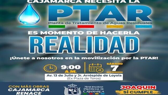 📍 Únete a la movilización por la PTAR este sábado 7 de septiembre a las 9:00 a.m. en la esquina de Av. 13 de Julio y Jr. Arróspide de Loyola (ex plaza de toros).