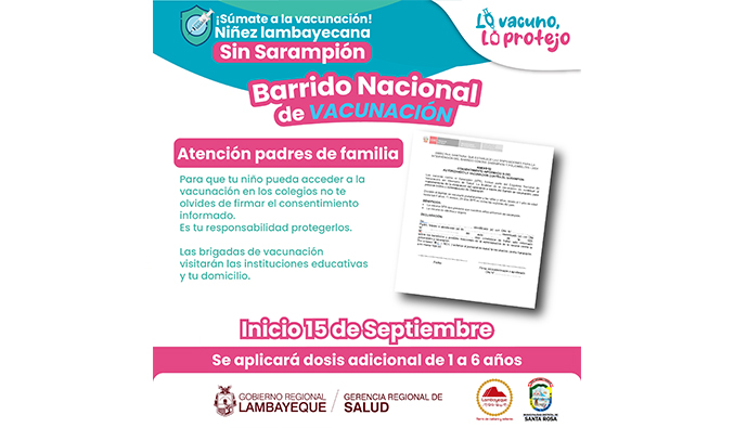 Súmate a la vacunación.
Inicio 15 de setiembre, se aplicará dosis de niños de 1 a 6 años