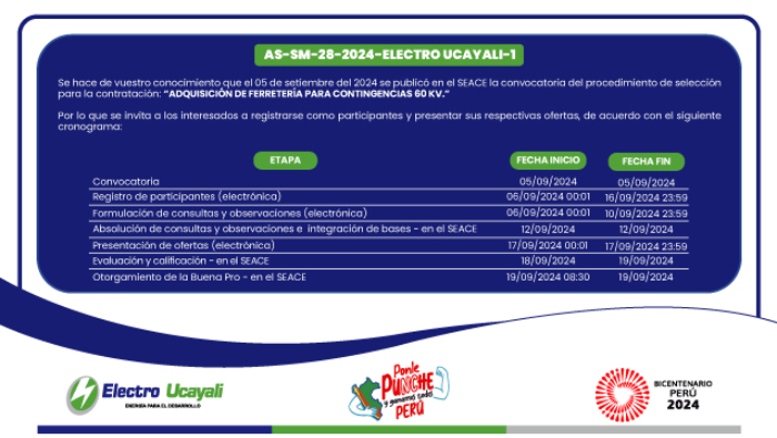 Adjudicación Simplificada N.º AS-SM-28-2024-ELECTRO UCAYALI-1 