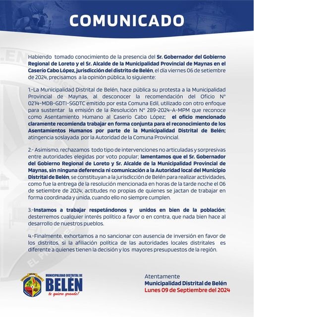 Alcalde Cesar Vidaurre Floridas comunica a la opinión pública