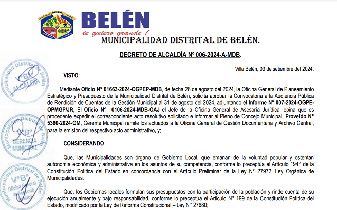 Segunda Rendicion de Cuentas del mes de Enero - Agosto de la Municipalidad Distrital de Belén - Año Fiscal 2024