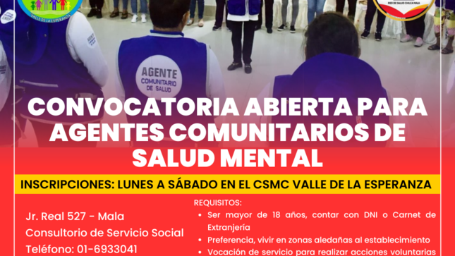 Convocatoria abierta para Agentes Comunitarios de Salud Mental