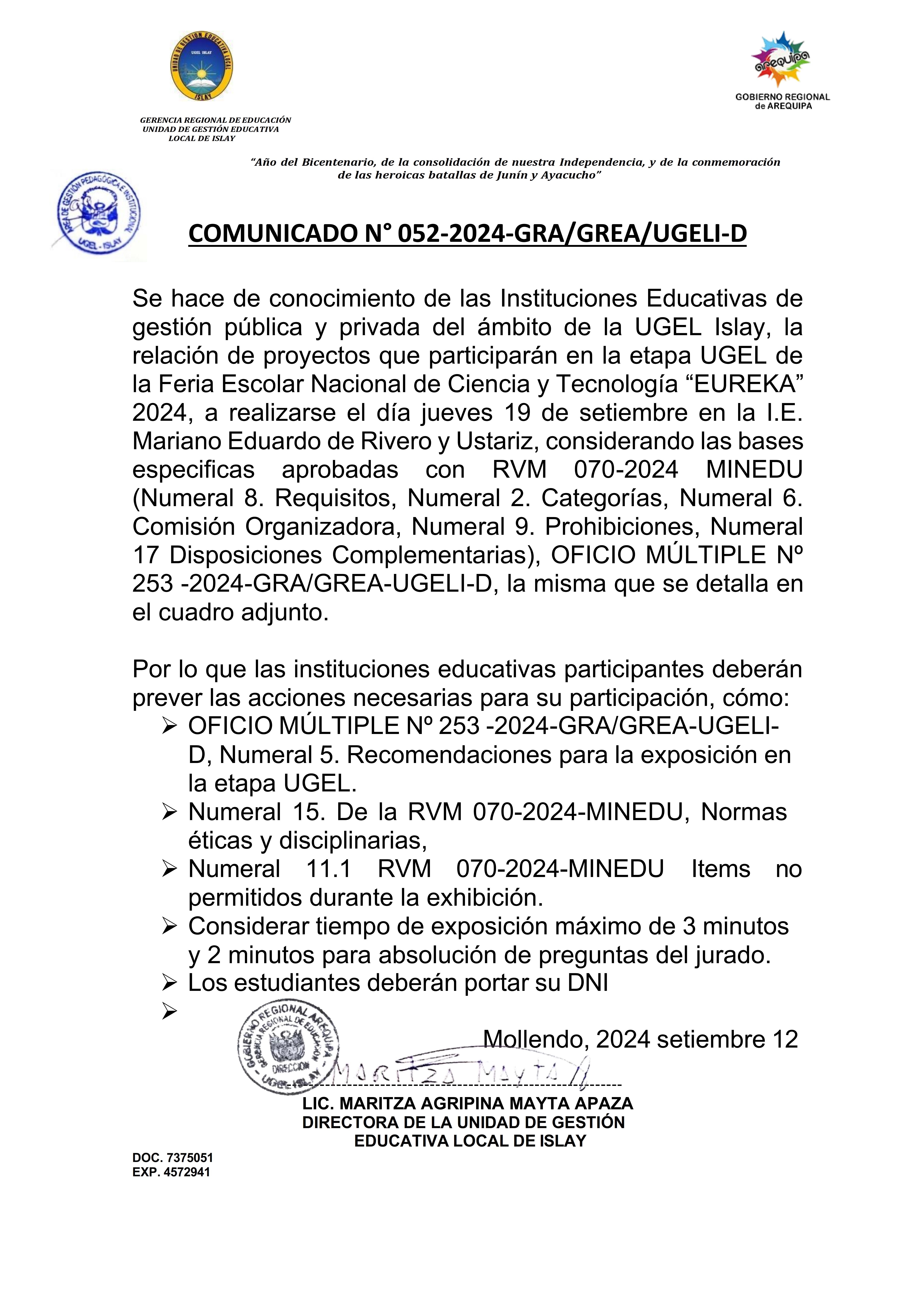 Comunicado N° 052-2024-GRA/GREA/UGELI-D