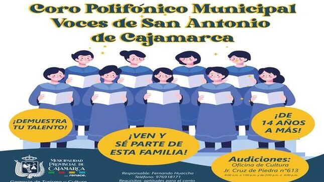 ¿Tienes más de 14 años y talento para el canto? ¡Esta es tu oportunidad! 🎤 Ven y audiciona para formar parte de nuestro coro en la Gerencia de Turismo y Cultura.
📍 Lugar: Jr. Cruz de Piedra n° 613 🕗 Horario: 8:00 a.m. - 1:00 p.m. y 2:00 p.m. - 4:00 p.m.
¡No dejes pasar esta oportunidad de mostrar tu talento y ser parte de algo increíble! 🌟
