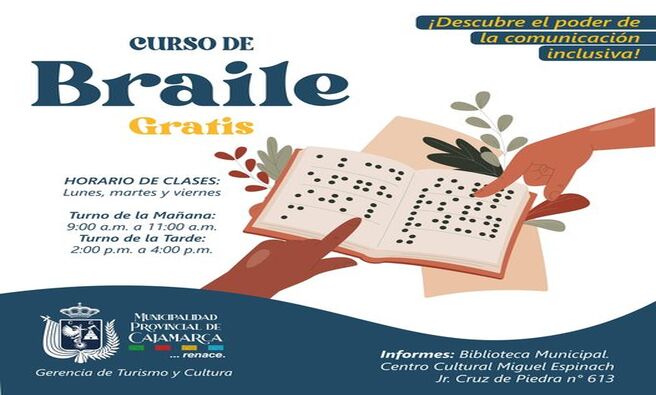 ¡📢 **Inscríbete en nuestro curso gratuito de BRAILE! 📚✨!
La Gerencia de Turismo y Cultura te invita a participar en este curso especial donde aprenderás Braile, el sistema de lectura y escritura táctil para personas con discapacidad visual. 🌟
¿𝐐𝐮𝐞́ 𝐞𝐬 𝐞𝐥 𝐁𝐫𝐚𝐢𝐥𝐞❓ Es un sistema de puntos en relieve que permite a las personas ciegas o con baja visión leer y escribir a través del tacto. 📖👆
¿𝐏𝐨𝐫 𝐪𝐮𝐞́ 𝐞𝐬 𝐢𝐦𝐩𝐨𝐫𝐭𝐚𝐧𝐭𝐞 𝐚𝐩𝐫𝐞𝐧𝐝𝐞𝐫𝐥𝐨❓
Inclusión: Facilita la integración de personas con discapacidad visual en la sociedad.
🤝𝐀𝐮𝐭𝐨𝐧𝐨𝐦𝐢́𝐚: Promueve la independencia y la capacidad de acceder a la información de manera autónoma. 💪
𝐀𝐜𝐜𝐞𝐬𝐨 𝐚 𝐥𝐚 𝐞𝐝𝐮𝐜𝐚𝐜𝐢𝐨́𝐧: Abre puertas a un mundo de conocimiento y oportunidades educativas. 🎓
📍 𝐈𝐧𝐟𝐨𝐫𝐦𝐞𝐬 𝐞 𝐢𝐧𝐬𝐜𝐫𝐢𝐩𝐜𝐢𝐨𝐧𝐞𝐬: Biblioteca José Gálvez Egúsquiza, Jr. Cruz de Piedra n°613.
¡No pierdas esta oportunidad de aprender y contribuir a una sociedad más inclusiva! 🌍❤️