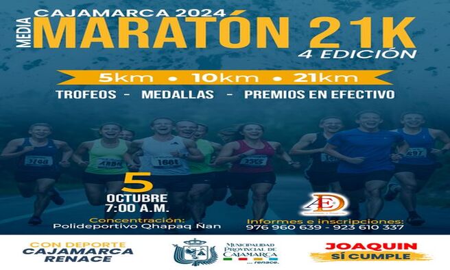 ๐ฅ ๐๐ฌ๐ญ๐ ๐ ๐๐ ๐จ๐๐ญ๐ฎ๐๐ซ๐, Cajamarca se pone en movimiento. ยกLlega la 4ta Maratรณn de 21 kilรณmetros!
๐โโ๏ธ ๐๐๐ฌ๐๐ ๐ฅ๐๐ฌ ๐ ๐๐ ๐ฅ๐ ๐ฆ๐๐งฬ๐๐ง๐, รบnete a nosotros en el Complejo Polideportivo Qhapaq รan y elige tu recorrido: ๐, ๐๐ ๐จ ๐๐ ๐ค๐ข๐ฅ๐จฬ๐ฆ๐๐ญ๐ซ๐จ๐ฌ.
๐๏ธ Corre por nuestra tierra, desde ๐๐๐งฬ๐จ๐ฌ ๐๐๐ฅ ๐๐ง๐๐ ๐ก๐๐ฌ๐ญ๐ ๐๐ฅ๐๐๐๐ง๐จ๐ซ๐ ๐ฒ ๐ฆ๐ฬ๐ฌ ๐๐ฅ๐ฅ๐ฬ. Abierto para todos: hombres, mujeres y jรณvenes con permiso.
๐ ยกTrofeos, medallas y premios en efectivo te esperan!
โ๏ธ ๐๐ง๐๐จฬ๐ซ๐ฆ๐๐ญ๐ ๐ฅ๐ฅ๐๐ฆ๐๐ง๐๐จ ๐๐ฅ ๐๐๐ ๐๐๐ ๐๐๐ ๐จ ๐๐๐ ๐๐๐ ๐๐๐.
๐โโ๏ธ ยกParticipa y corre por Cajamarca!