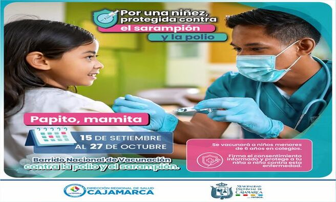 🏛️La Municipalidad Provincial de Cajamarca se une a la campaña nacional de vacunación con el objetivo de proteger a los niños de enfermedades prevenibles como el sarampión y la poliomielitis. A partir del 15 de septiembre, se llevará a cabo un barrido nacional de vacunación dirigido a todos los niños menores de 6 años.
📌Esta campaña busca garantizar una infancia protegida, brindando a los más pequeños la inmunización necesaria para su crecimiento y desarrollo saludable. Las vacunas actúan como un verdadero seguro de vida, protegiendo a los niños de enfermedades graves. Por lo tanto, vacunar a los hijos es la mejor manera de cuidar su futuro.
📢Se invita a todos los padres y cuidadores a acudir al establecimiento de salud más cercano y asegurar que sus niños reciban las dosis correspondientes. La vacunación es gratuita y es una responsabilidad compartida para mantener a nuestra comunidad segura y saludable.
✅¡No dejes pasar esta oportunidad de proteger a los más pequeños! ¡Vacuna a tus niños y garantiza un futuro saludable para ellos!