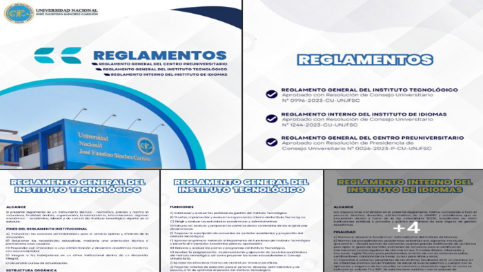 REGLAMENTO GENERAL DEL INSTITUTO TECNOLÓGICO
REGLAMENTO INTERNO DEL INSTITUTO DE IDIOMAS
REGLAMENTO GENERAL DEL CENTRO PREUNIVERSITARIO