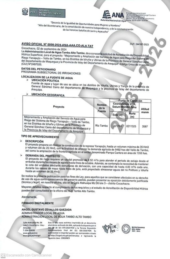 ANA hace publicación de solicitud de Acreditación y Disponibilidad Hídrica Superficial para el "Mejoramiento y Ampliación del Sist de Riego"