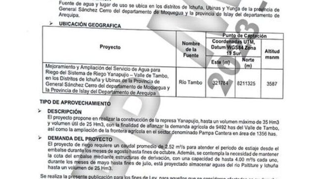 ANA hace publicación de solicitud de Acreditación y Disponibilidad Hídrica Superficial para el "Mejoramiento y Ampliación del Sist de Riego"