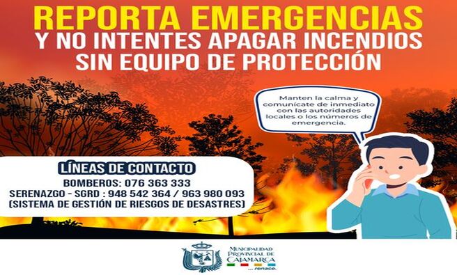 π La Municipalidad Provincial de Cajamarca, a travΓ©s de la subgerencia de GestiΓ³n del Riesgo de Desastres y en coordinaciΓ³n con la gerencia de Seguridad Ciudadana, hace un llamado a la poblaciΓ³n cajamarquina para que, en caso de presenciar un incendio o emergencia similar, no intenten apagar el fuego por cuenta propia sin contar con los procedimientos ni el equipo de protecciΓ³n adecuado.
π¨ Es fundamental que los ciudadanos mantengan la calma y se comuniquen de inmediato con las autoridades locales o los nΓΊmeros de emergencia para que la situaciΓ³n pueda ser atendida de manera oportuna y segura.
πLas lΓneas de contacto son las siguientes: ππ¨π¦πππ«π¨π¬ 076 363333 y πππ«ππ§ππ³π π¨ - SGRD (Sistema de GestiΓ³n de Riesgos de Desastres): 948 542 364 / 963 980 093.